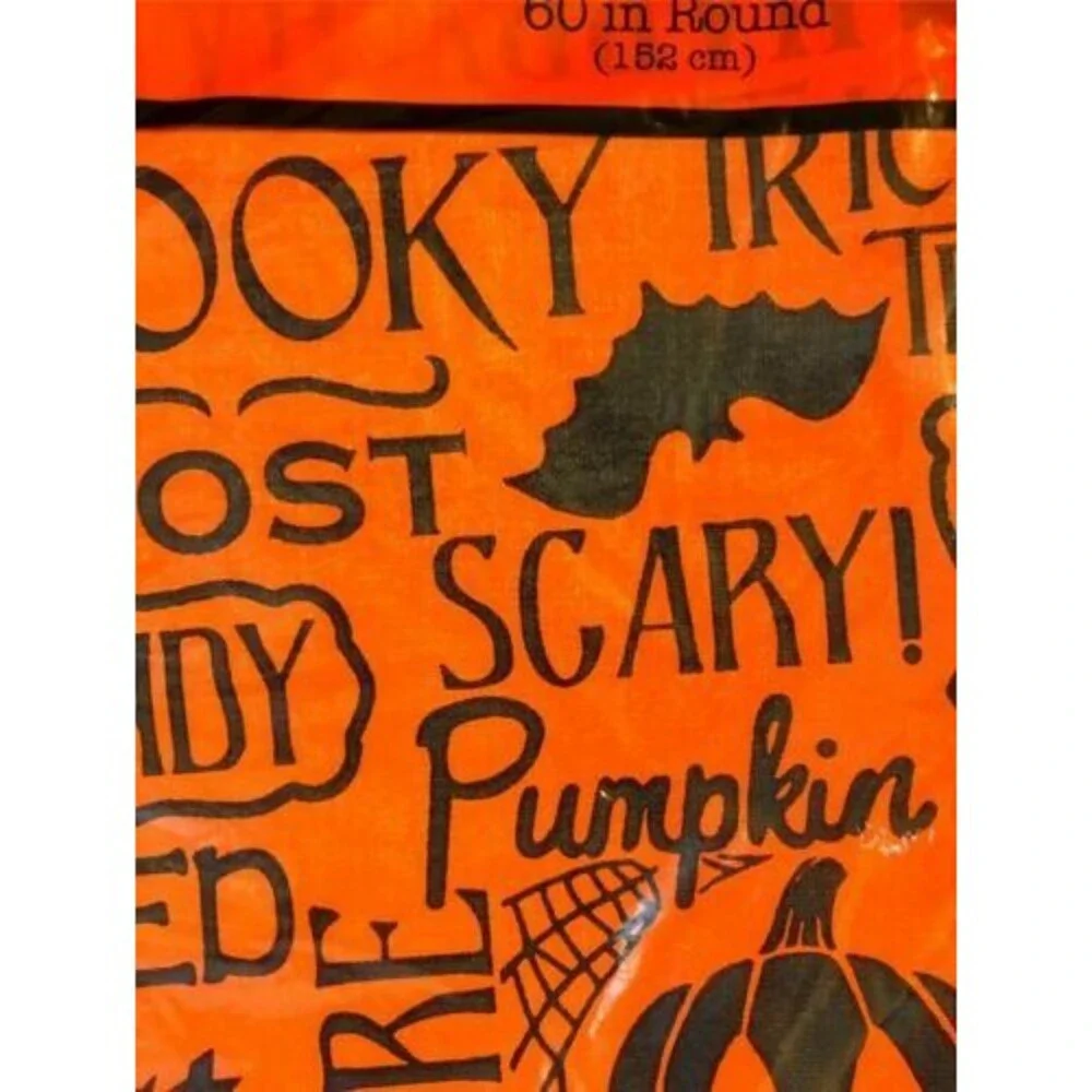 Halloween Vinyl Tablecloth Scary Pumpkins Bats Orange Boo Flannel Backed 60